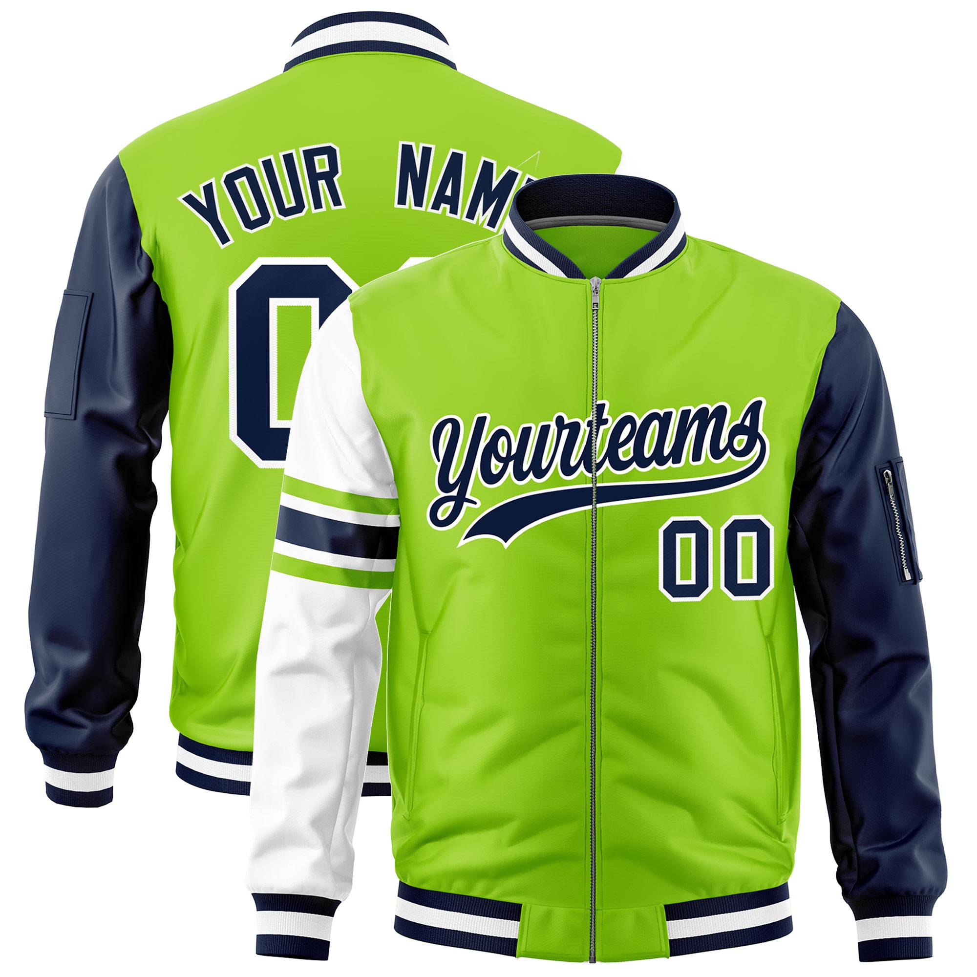 Custom Neon Green Navy-White Varsity Full-Zip Raglan Sleeves Stripe Letterman Bomber Jacket