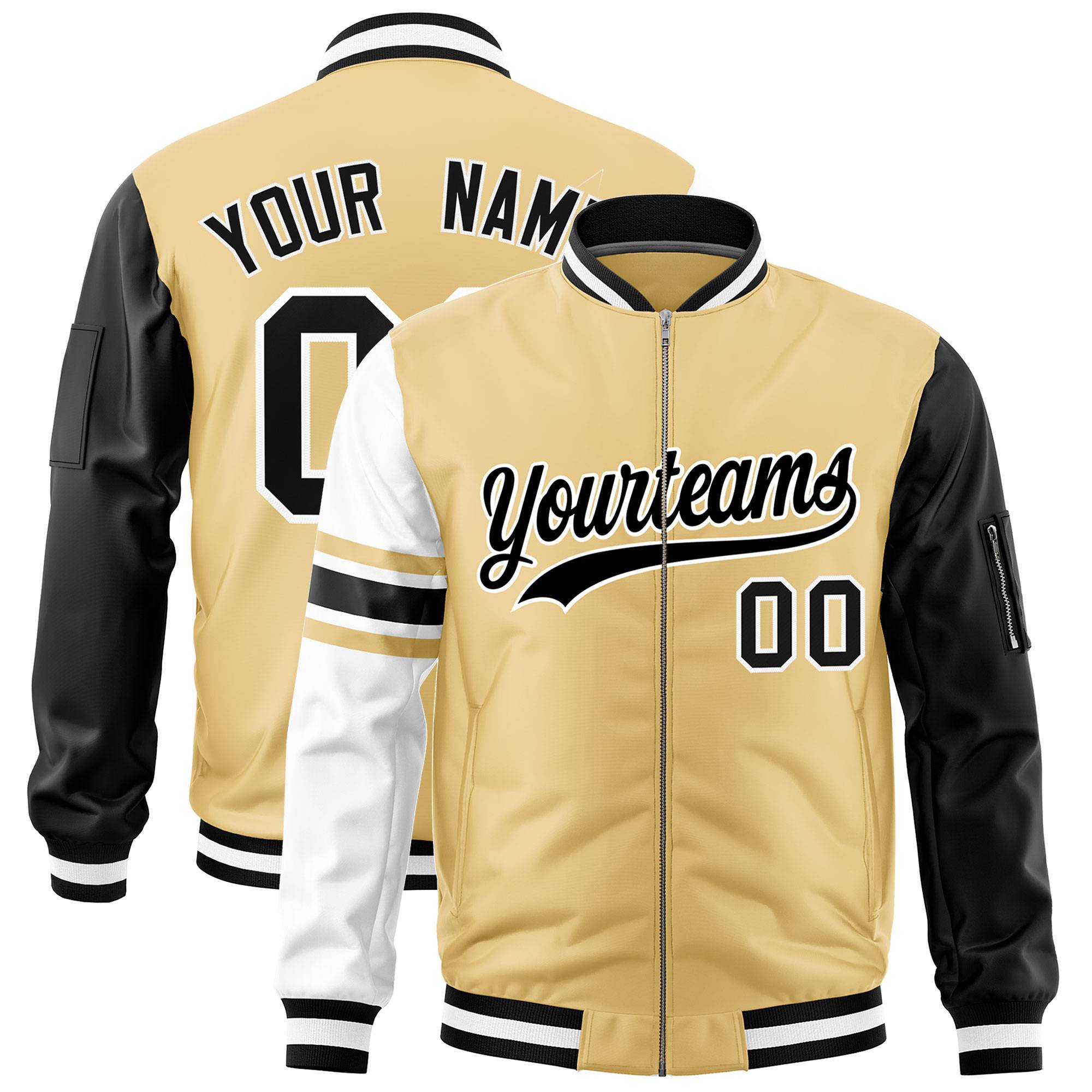 Custom Khaki Black-White Varsity Full-Zip Raglan Sleeves Stripe Letterman Bomber Jacket