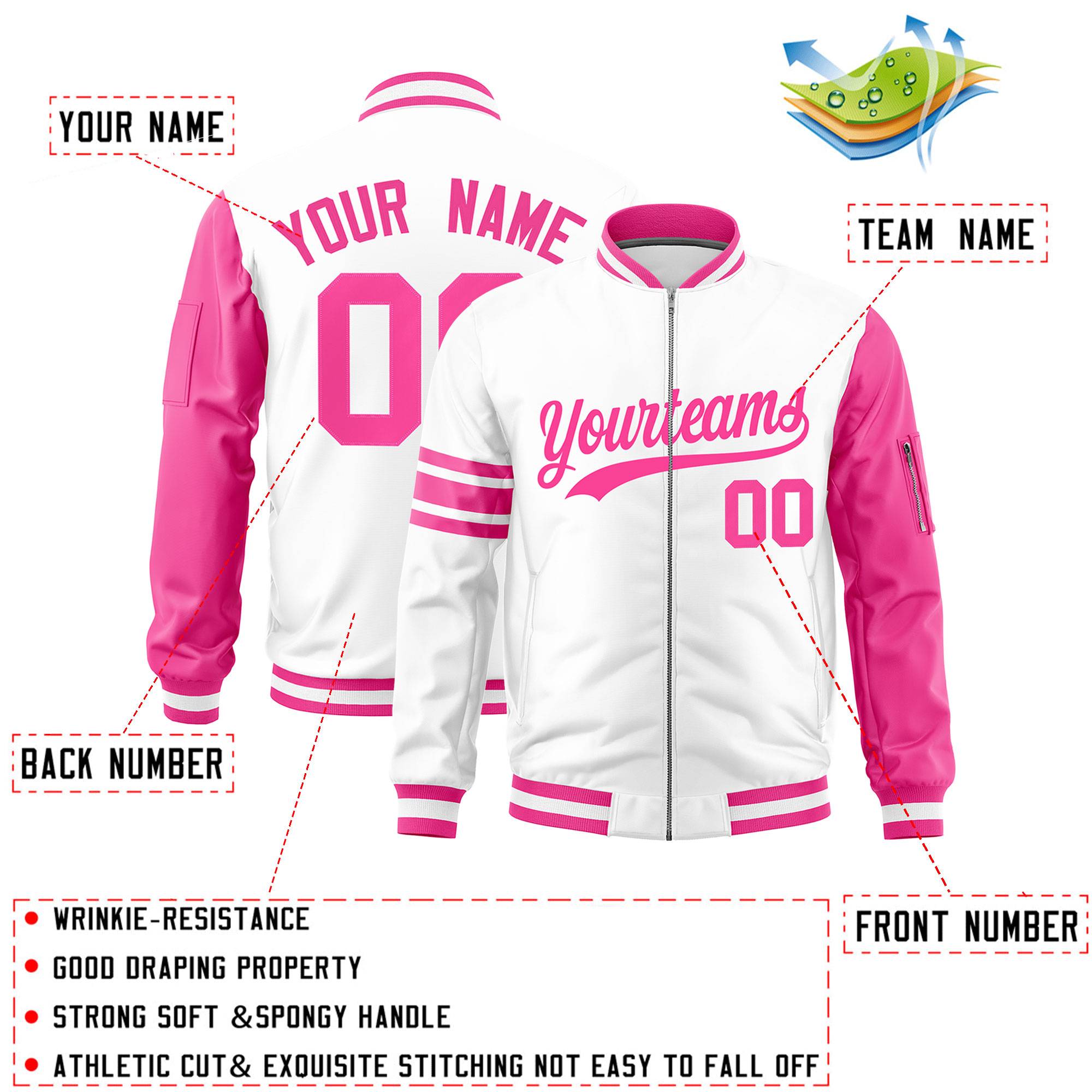 Custom White Pink Varsity Full-Zip Raglan Sleeves Stripe Letterman Bomber Jacket