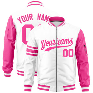 Custom White Pink Varsity Full-Zip Raglan Sleeves Stripe Letterman Bomber Jacket