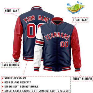 Custom Navy Red-White Varsity Full-Zip Raglan Sleeves Stripe Letterman Bomber Jacket