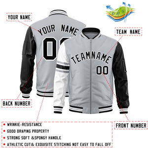 Custom Silver Black-White Varsity Full-Zip Raglan Sleeves Stripe Letterman Bomber Jacket