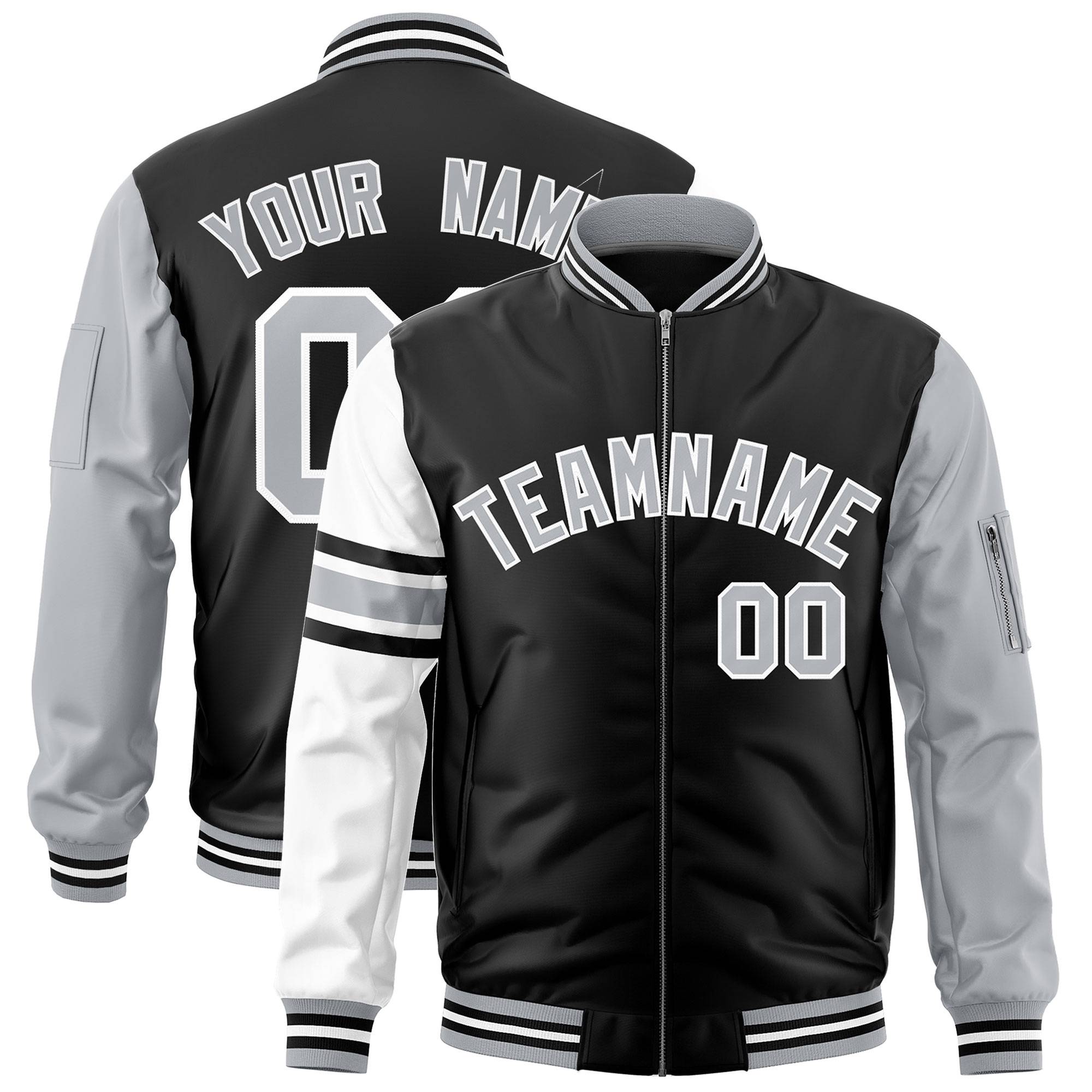 Custom Black Silver-White Varsity Full-Zip Raglan Sleeves Stripe Letterman Bomber Jacket