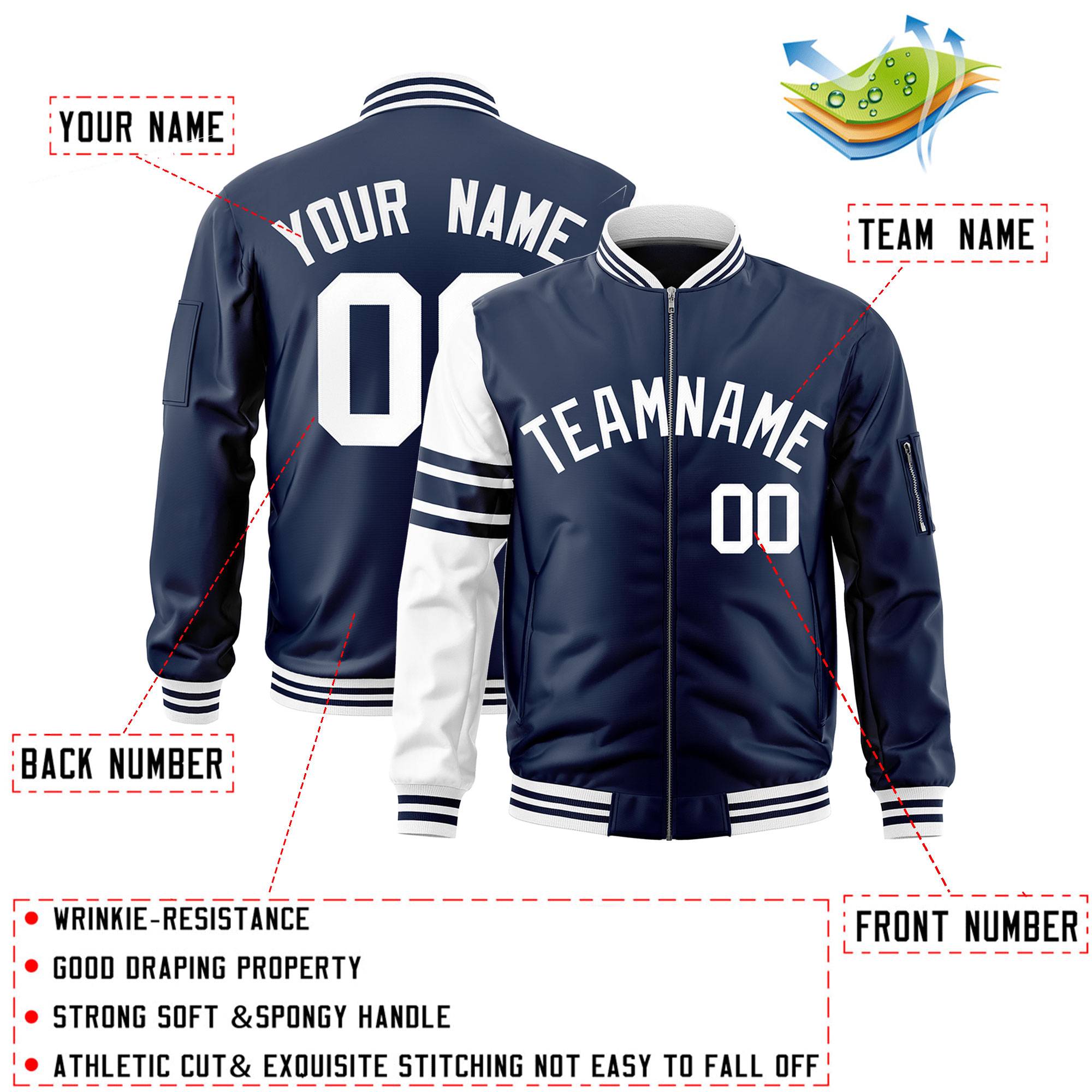 Custom Navy White Varsity Full-Zip Raglan Sleeves Stripe Letterman Bomber Jacket