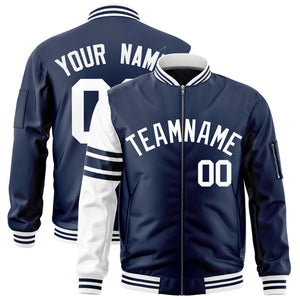 Custom Navy White Varsity Full-Zip Raglan Sleeves Stripe Letterman Bomber Jacket