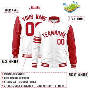 Custom White Red Varsity Full-Zip Raglan Sleeves Stripe Letterman Bomber Jacket