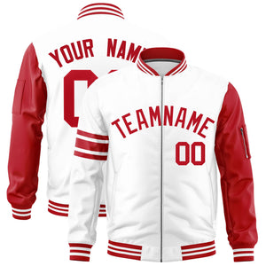 Custom White Red Varsity Full-Zip Raglan Sleeves Stripe Letterman Bomber Jacket