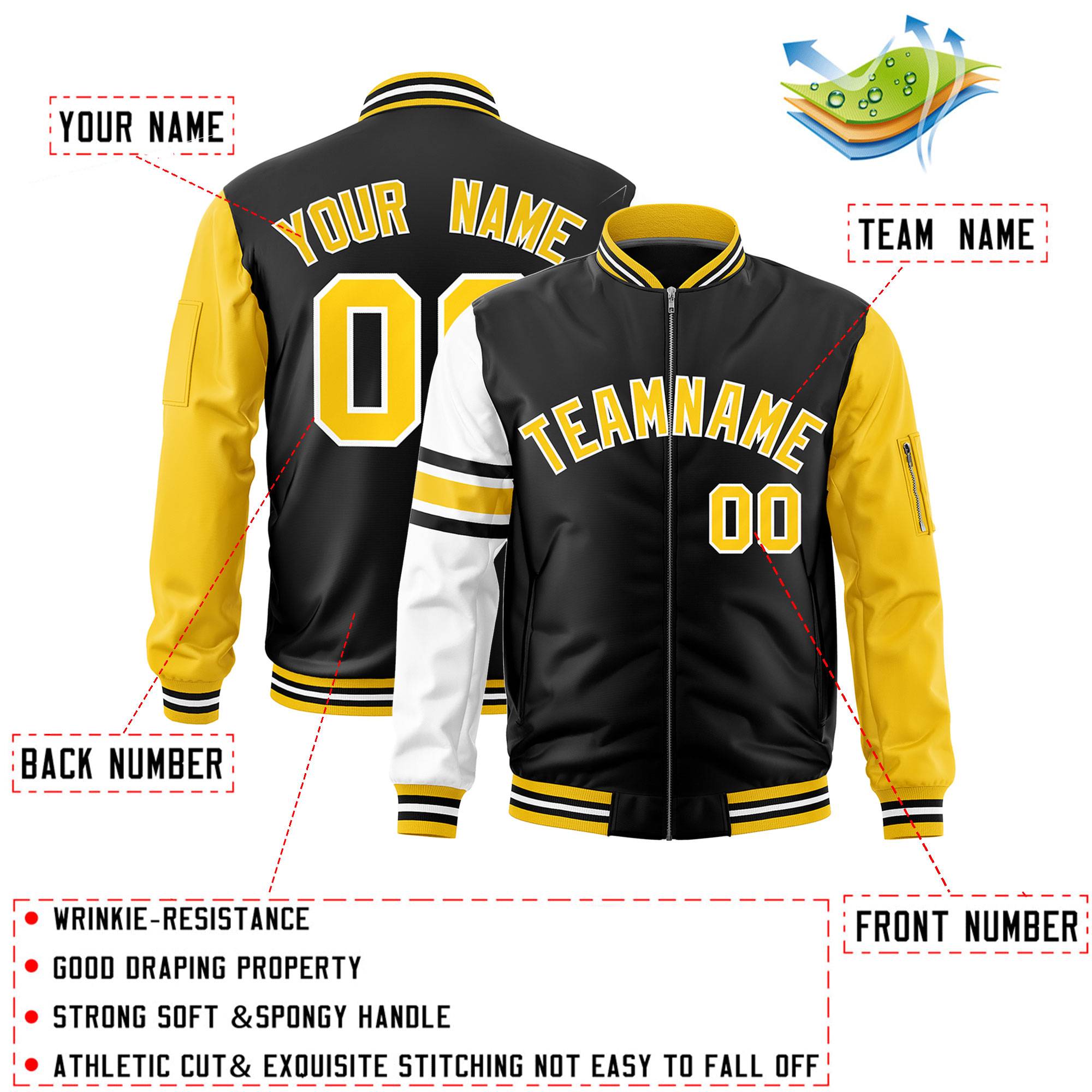 Custom Black Gold-White Varsity Full-Zip Raglan Sleeves Stripe Letterman Bomber Jacket