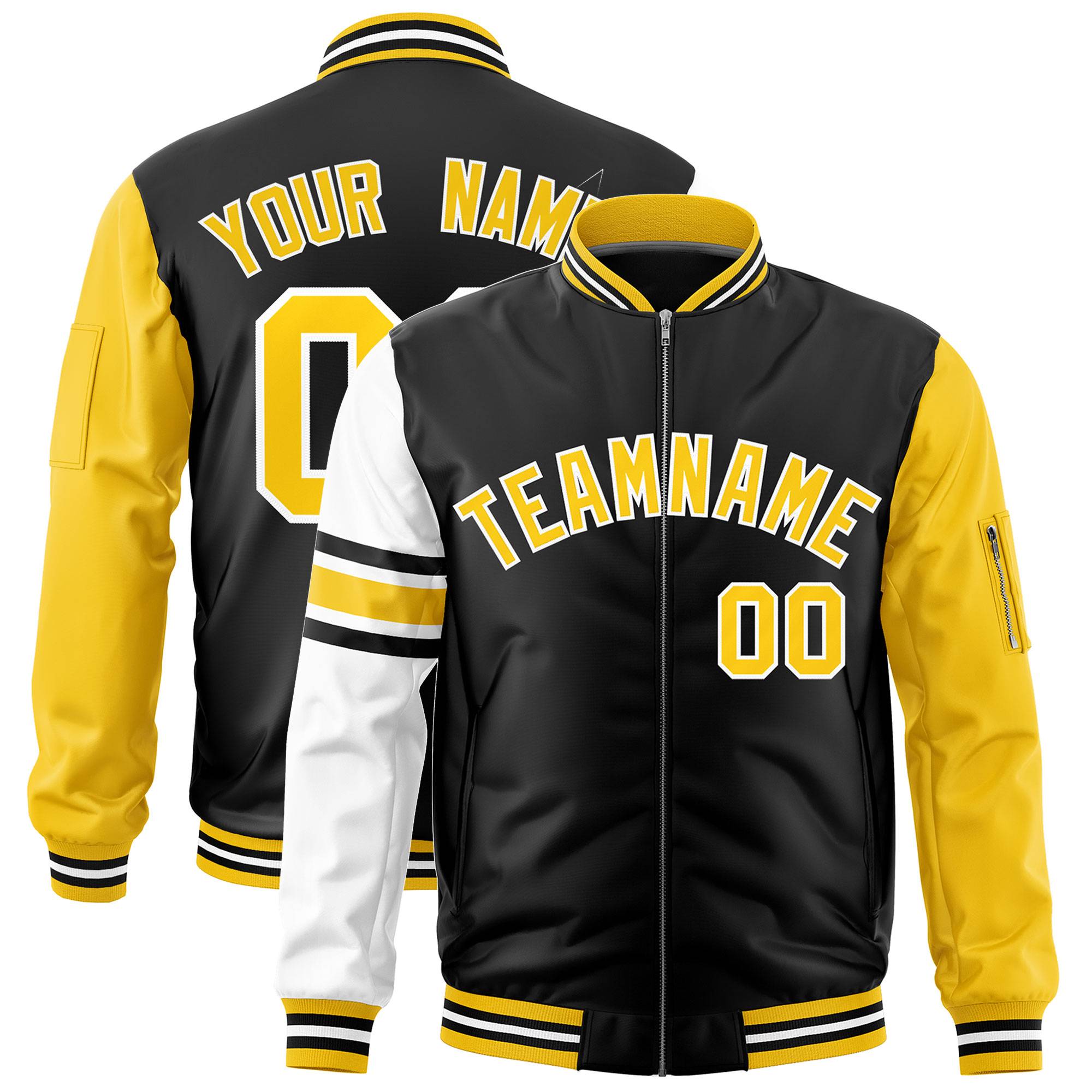 Custom Black Gold-White Varsity Full-Zip Raglan Sleeves Stripe Letterman Bomber Jacket