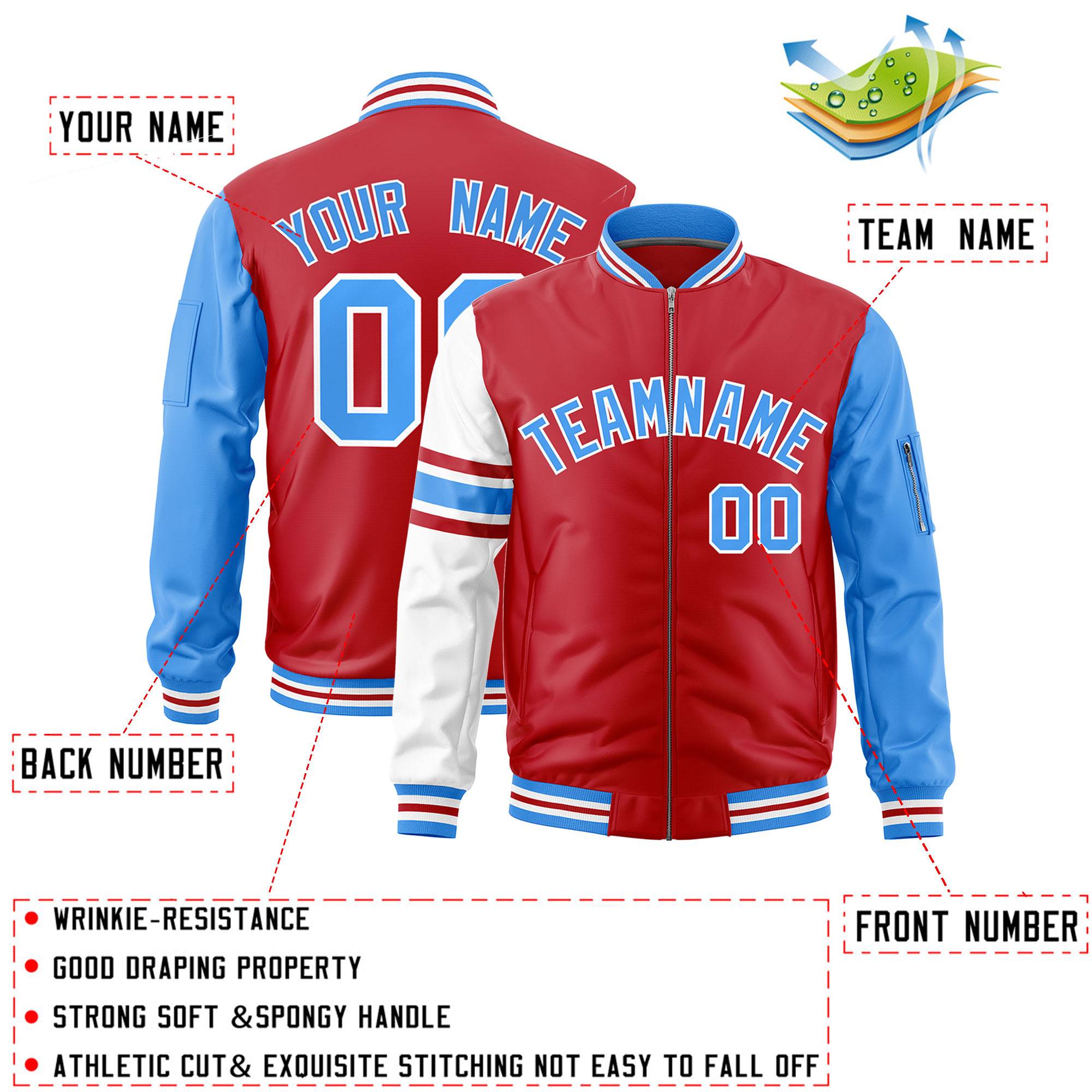 Custom Red Powder Blue-White Varsity Full-Zip Raglan Sleeves Stripe Letterman Bomber Jacket