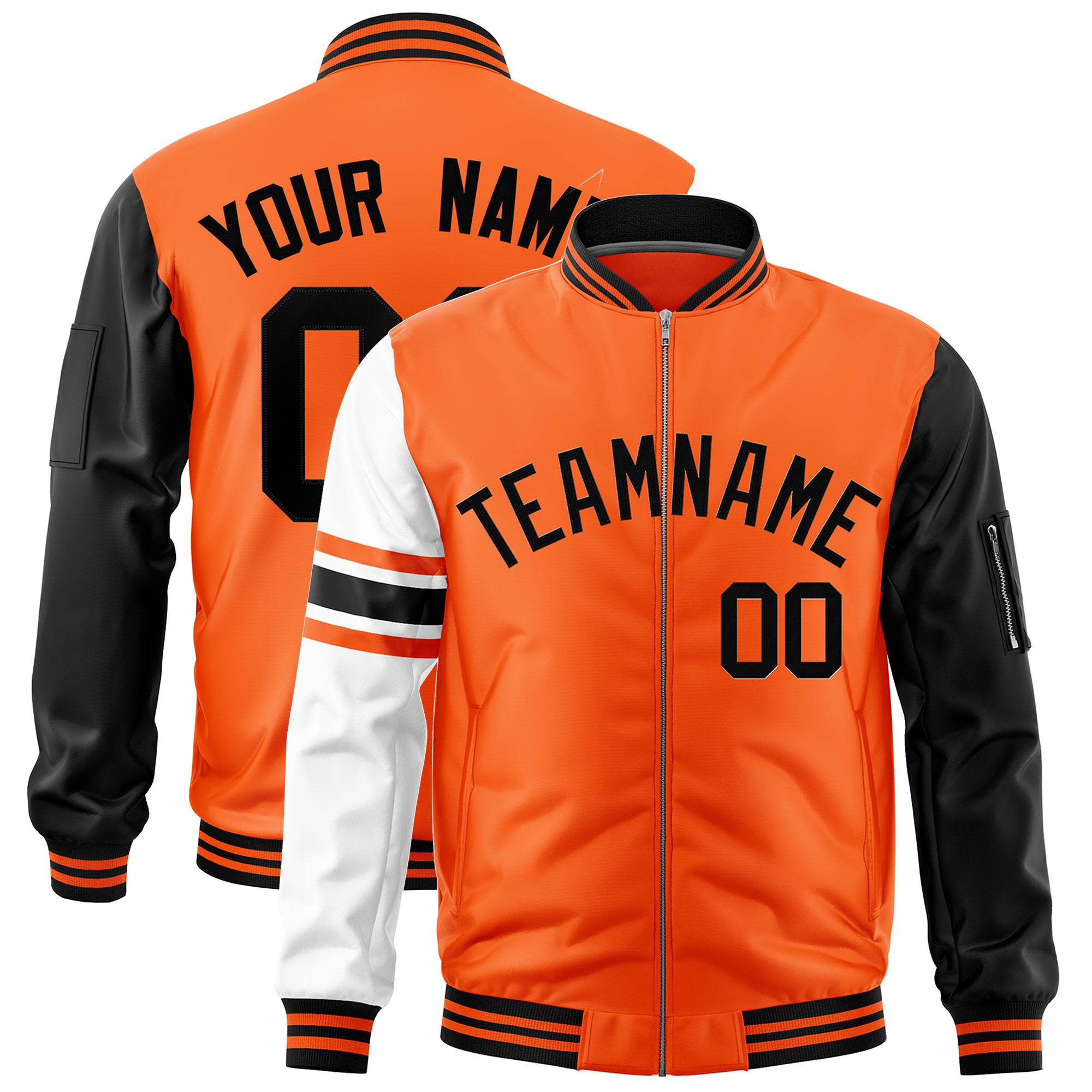 Custom Orange Black-White Varsity Full-Zip Raglan Sleeves Stripe Letterman Bomber Jacket