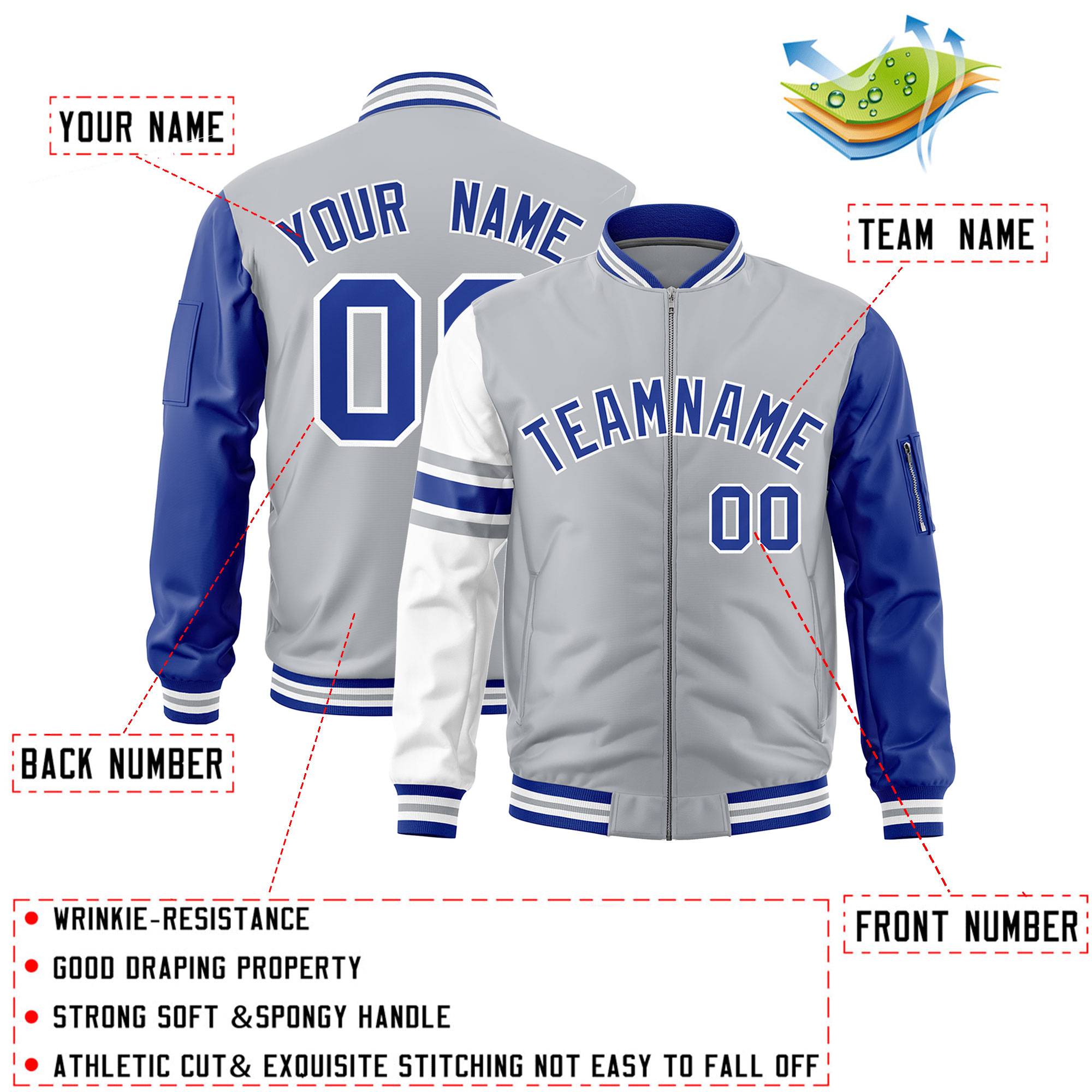 Custom Silver Royal-White Varsity Full-Zip Raglan Sleeves Stripe Letterman Bomber Jacket