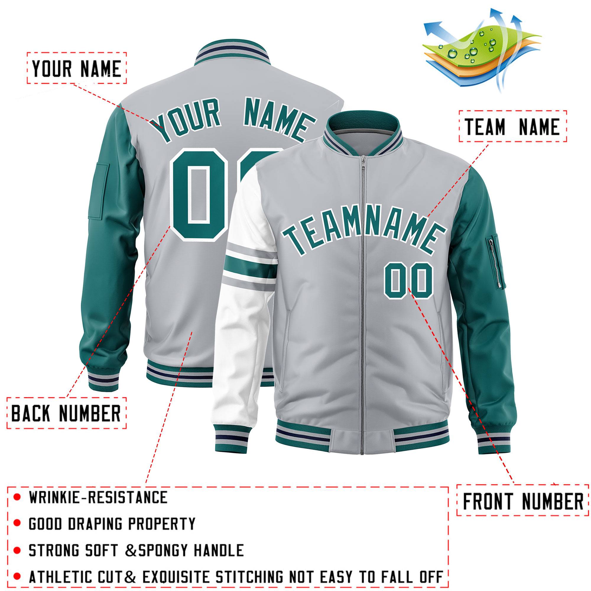 Custom Silver Aqua-White Varsity Full-Zip Raglan Sleeves Stripe Letterman Bomber Jacket