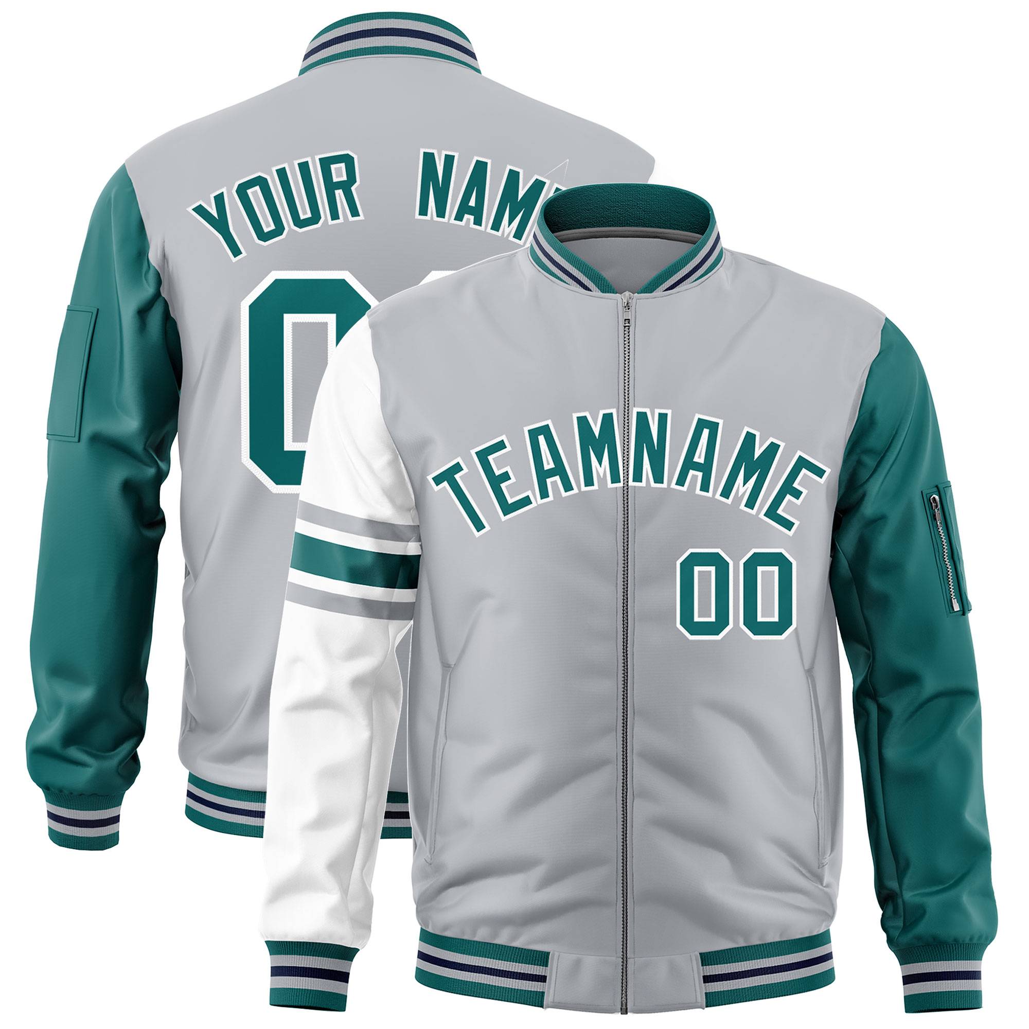 Custom Silver Aqua-White Varsity Full-Zip Raglan Sleeves Stripe Letterman Bomber Jacket