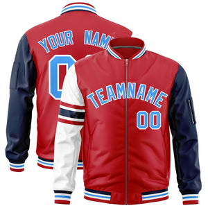 Custom Red Navy-White Varsity Full-Zip Raglan Sleeves Stripe Letterman Bomber Jacket