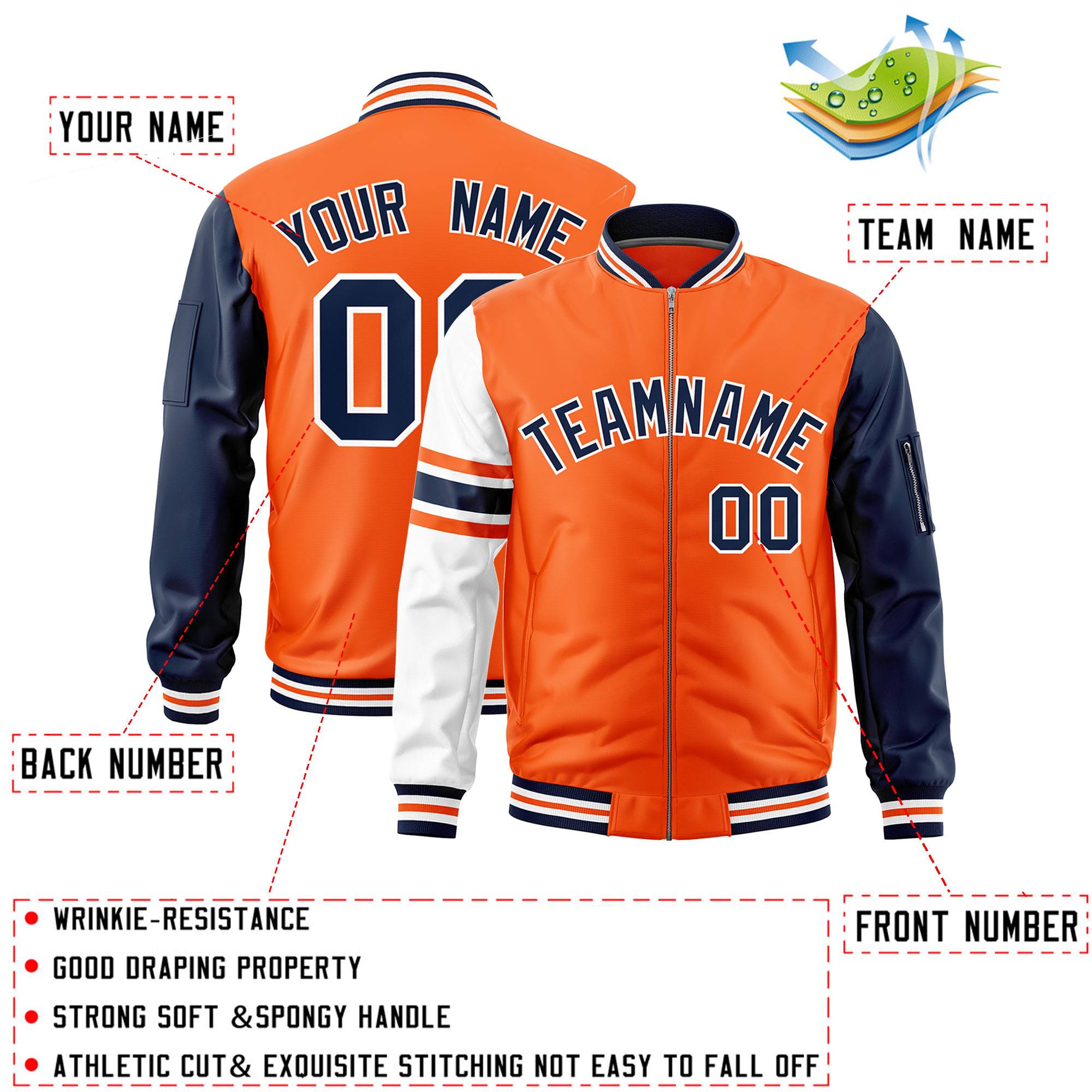 Custom Orange Navy-White Varsity Full-Zip Raglan Sleeves Stripe Letterman Bomber Jacket