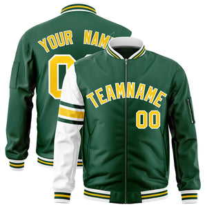 Custom Green White Varsity Full-Zip Raglan Sleeves Stripe Letterman Bomber Jacket