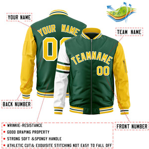 Custom Green Gold-White Varsity Full-Zip Raglan Sleeves Stripe Letterman Bomber Jacket