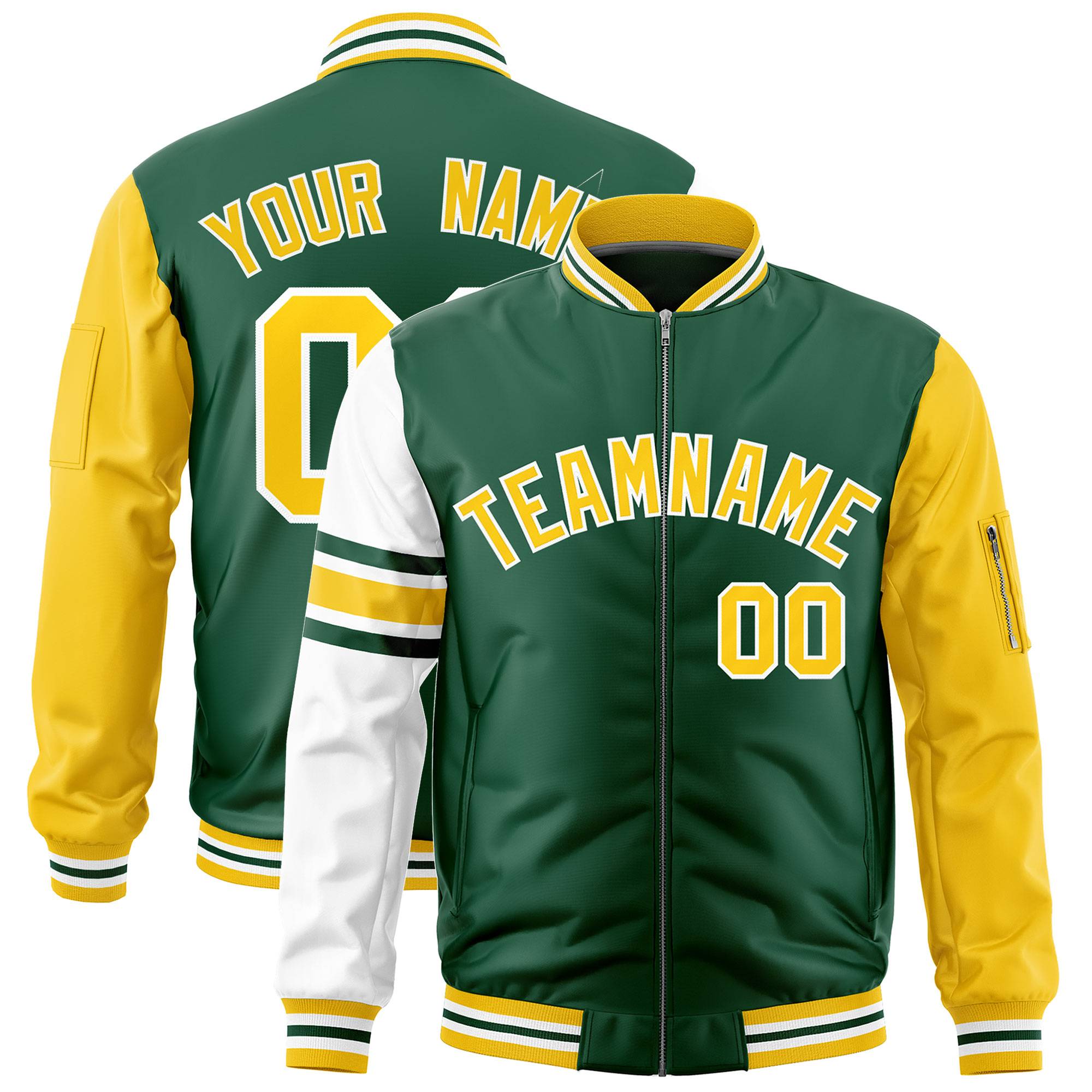 Custom Green Gold-White Varsity Full-Zip Raglan Sleeves Stripe Letterman Bomber Jacket