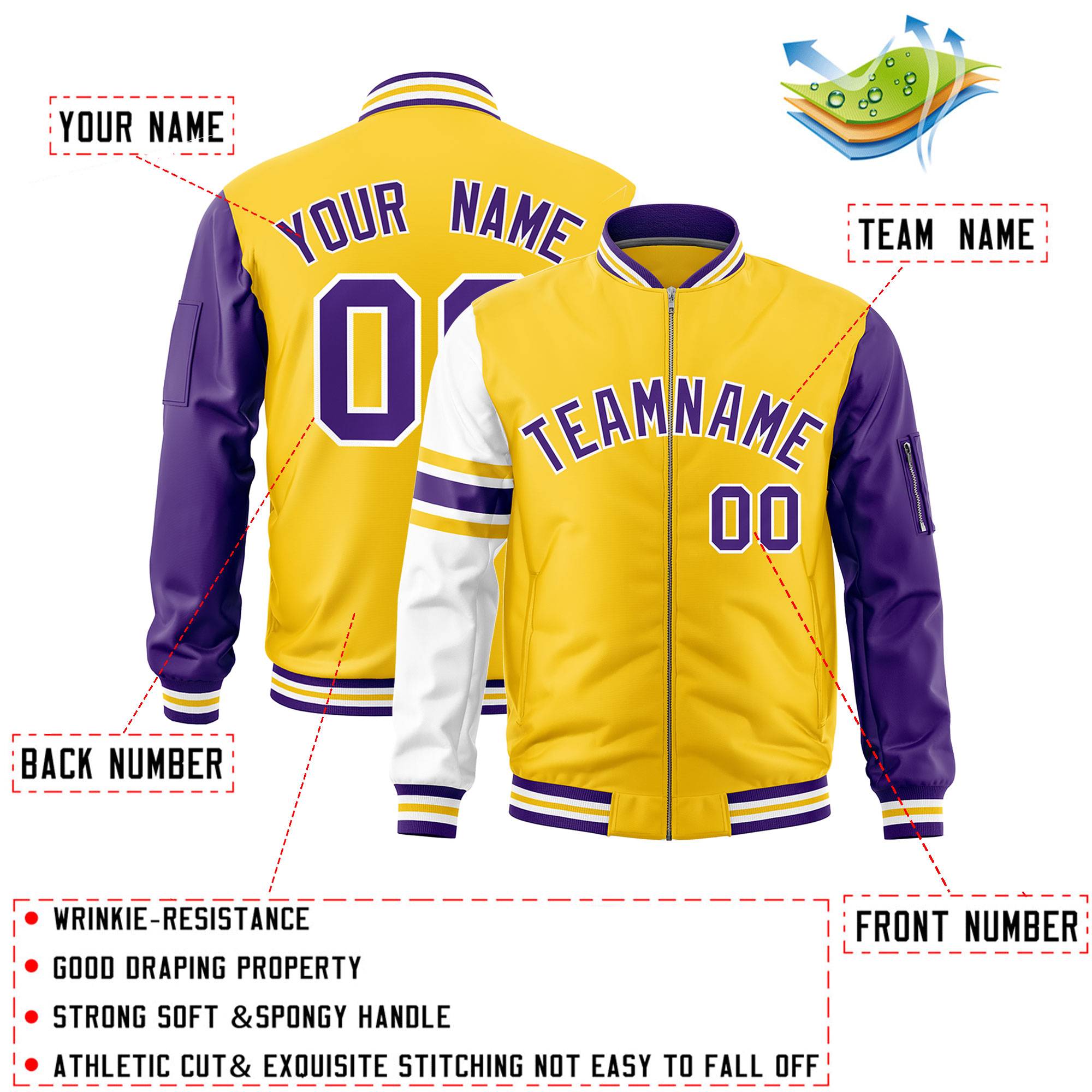 Custom Gold Purple-White Varsity Full-Zip Raglan Sleeves Stripe Letterman Bomber Jacket