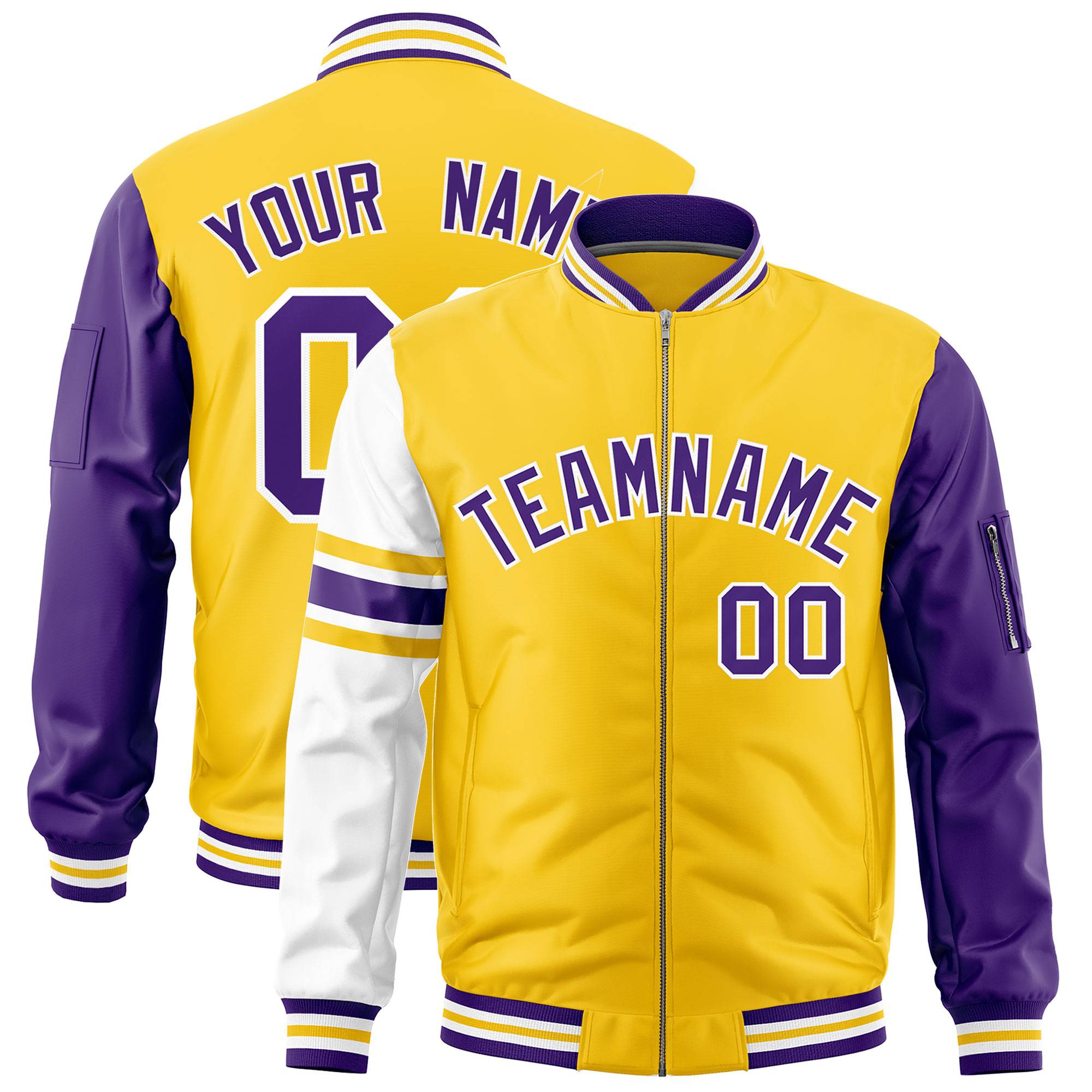 Custom Gold Purple-White Varsity Full-Zip Raglan Sleeves Stripe Letterman Bomber Jacket