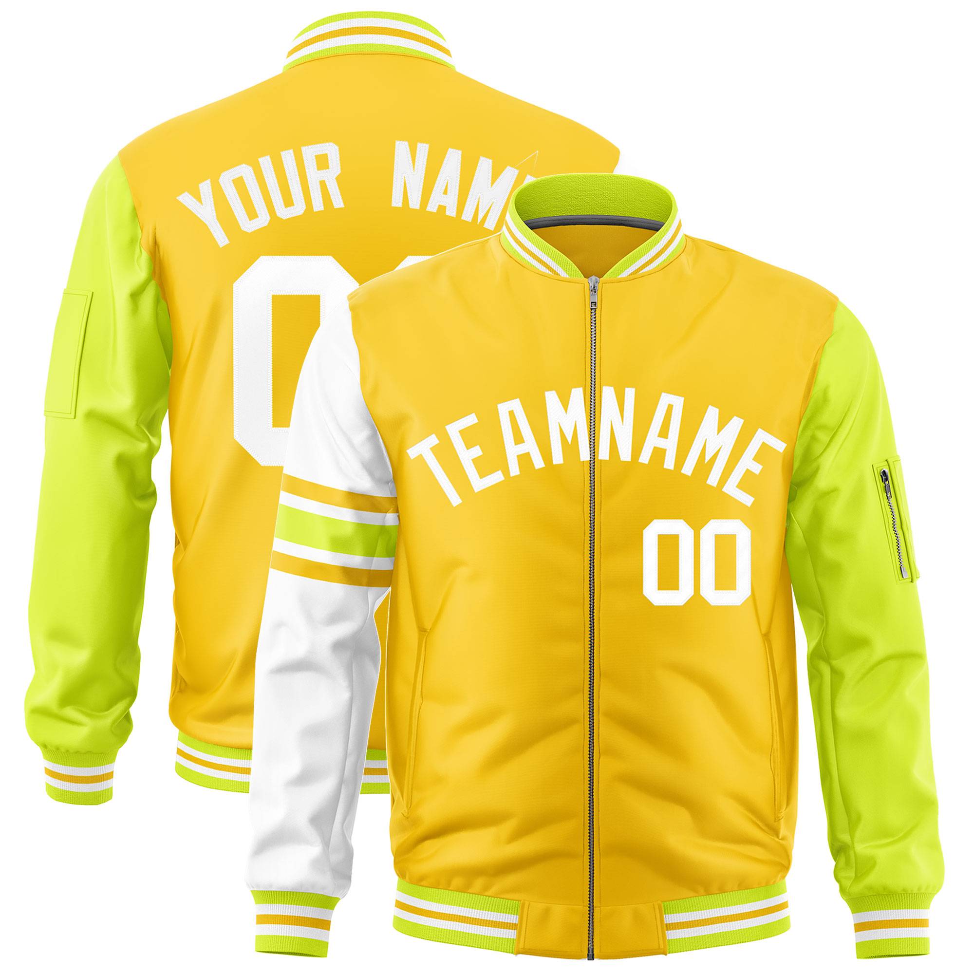 Custom Gold Fluorescent Green-White Varsity Full-Zip Raglan Sleeves Stripe Letterman Bomber Jacket