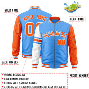 Custom Powder Blue Orange-White Varsity Full-Zip Raglan Sleeves Stripe Letterman Bomber Jacket