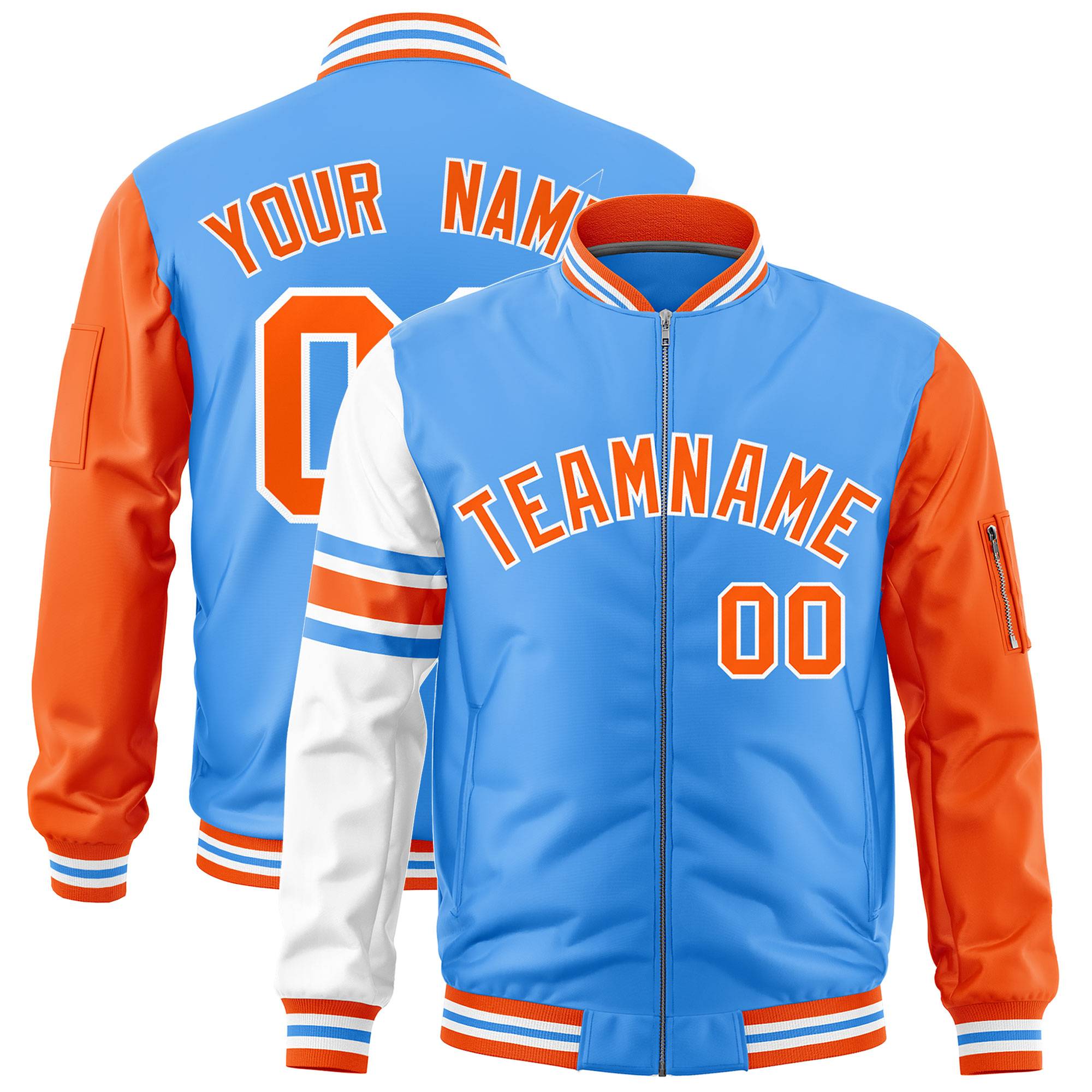 Custom Powder Blue Orange-White Varsity Full-Zip Raglan Sleeves Stripe Letterman Bomber Jacket