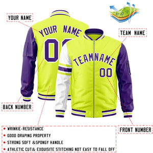 Custom Fluorescent Green Purple-White Varsity Full-Zip Raglan Sleeves Stripe Letterman Bomber Jacket