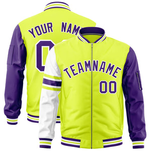 Custom Fluorescent Green Purple-White Varsity Full-Zip Raglan Sleeves Stripe Letterman Bomber Jacket