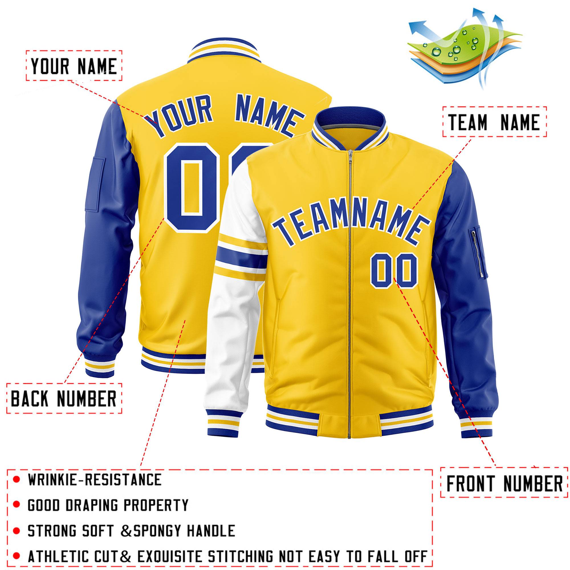 Custom Gold Royal-White Varsity Full-Zip Raglan Sleeves Stripe Letterman Bomber Jacket