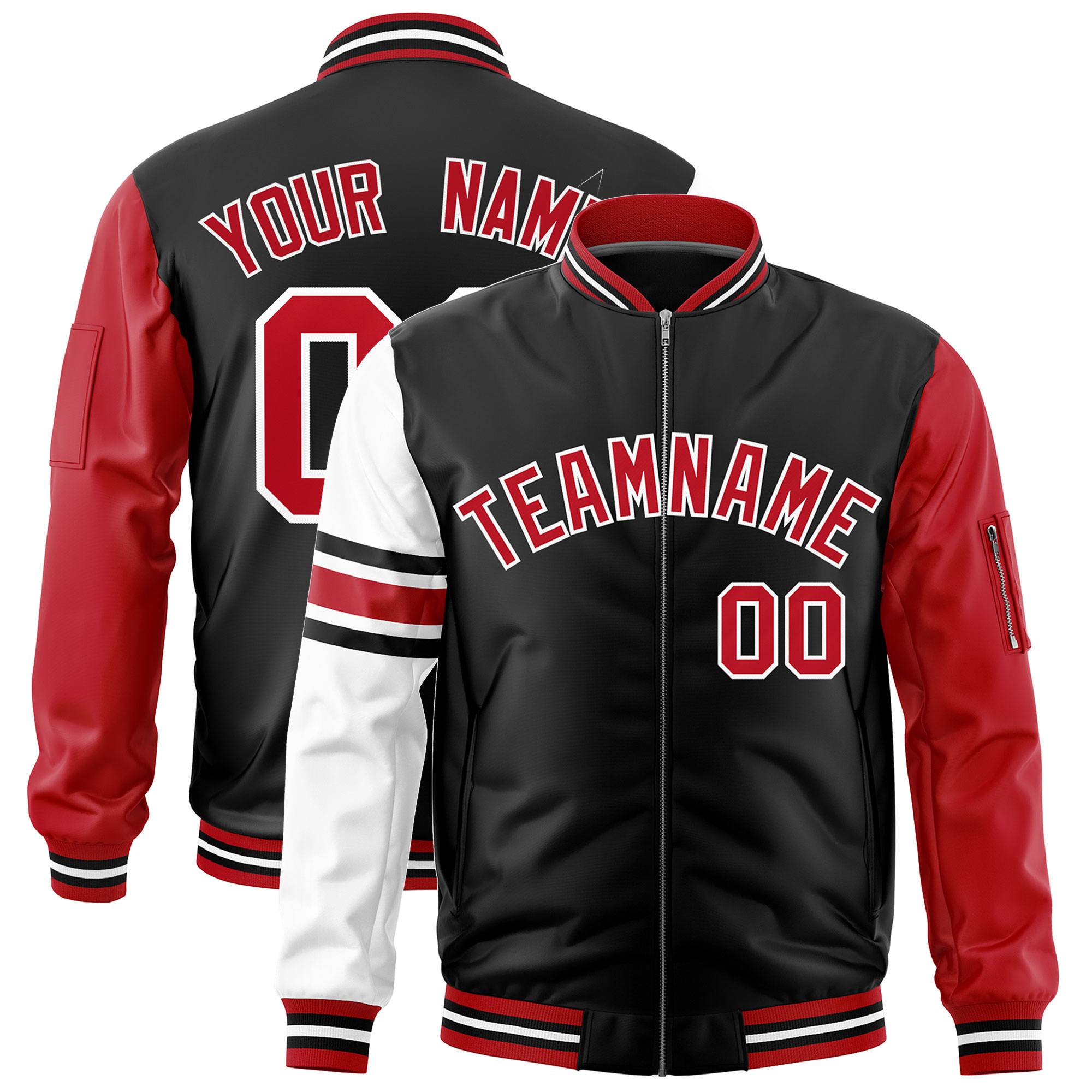 Custom Black Red-White Varsity Full-Zip Raglan Sleeves Stripe Letterman Bomber Jacket