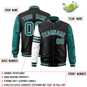 Custom Black Aqua-White Varsity Full-Zip Raglan Sleeves Stripe Letterman Bomber Jacket