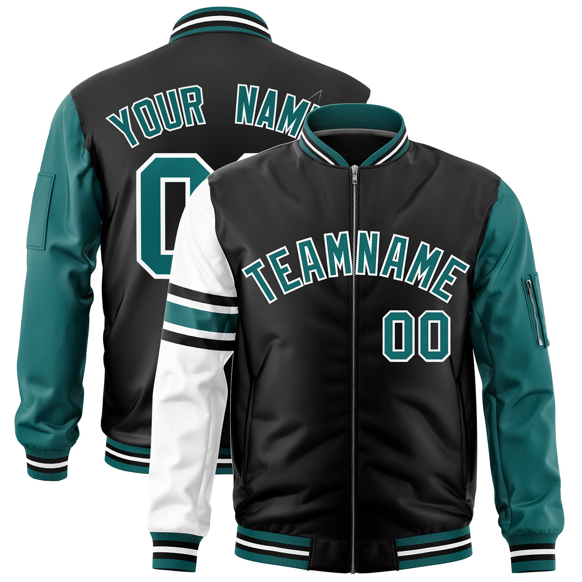 Custom Black Aqua-White Varsity Full-Zip Raglan Sleeves Stripe Letterman Bomber Jacket