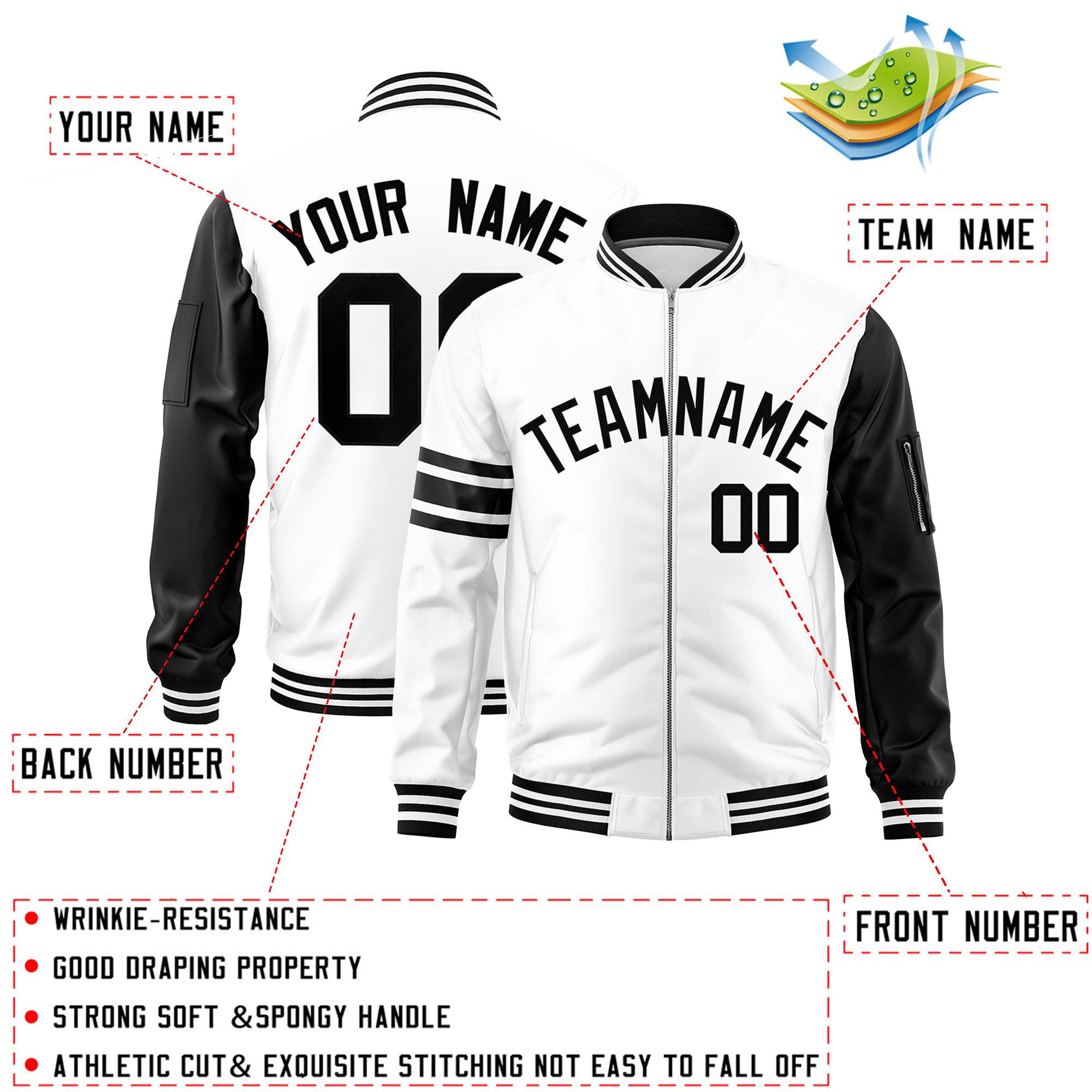 Custom White Black Varsity Full-Zip Raglan Sleeves Stripe Letterman Bomber Jacket