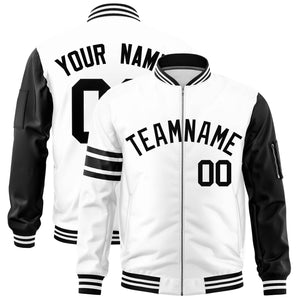 Custom White Black Varsity Full-Zip Raglan Sleeves Stripe Letterman Bomber Jacket