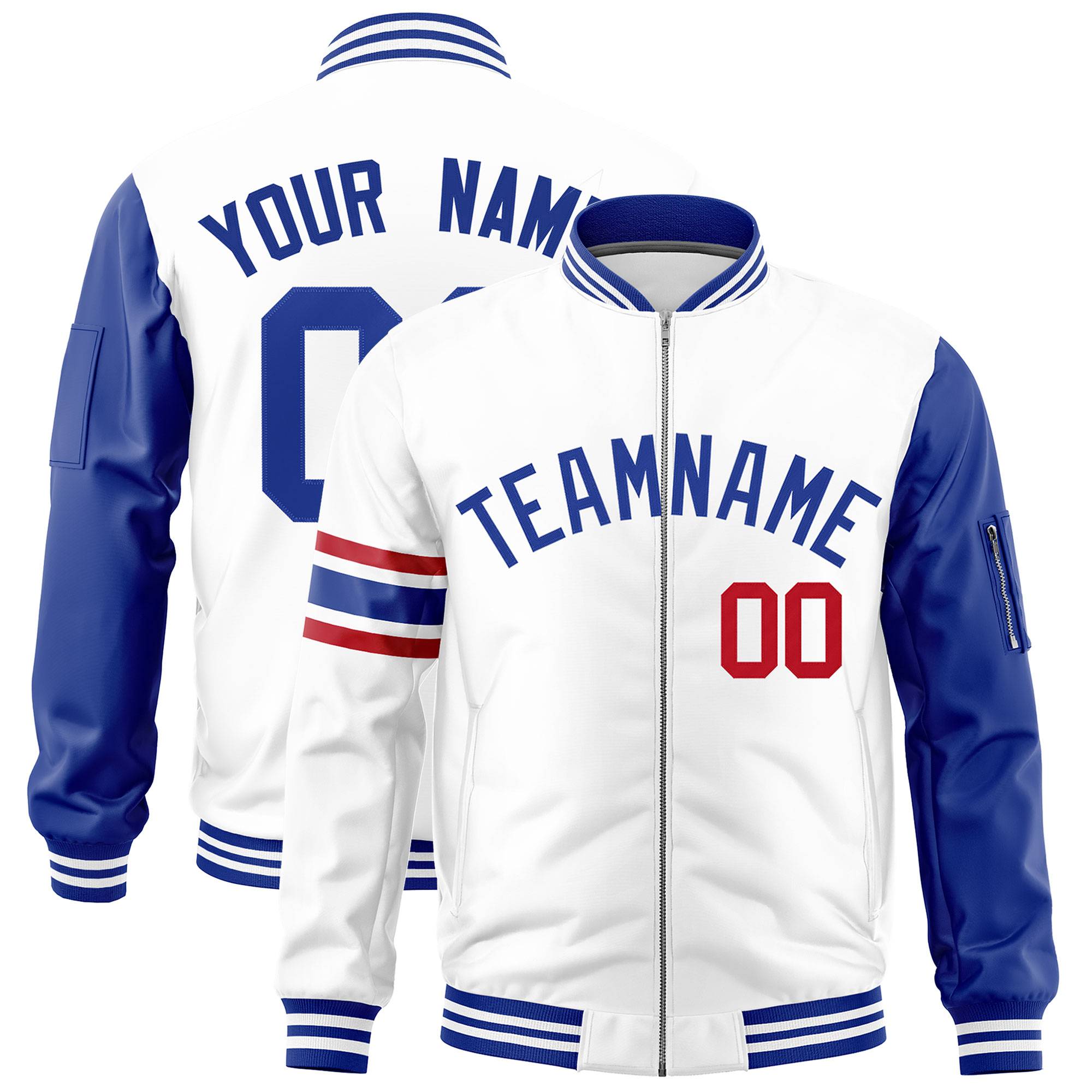 Custom White Royal Varsity Full-Zip Raglan Sleeves Stripe Letterman Bomber Jacket