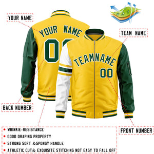 Custom Gold Green-White Varsity Full-Zip Raglan Sleeves Stripe Letterman Bomber Jacket