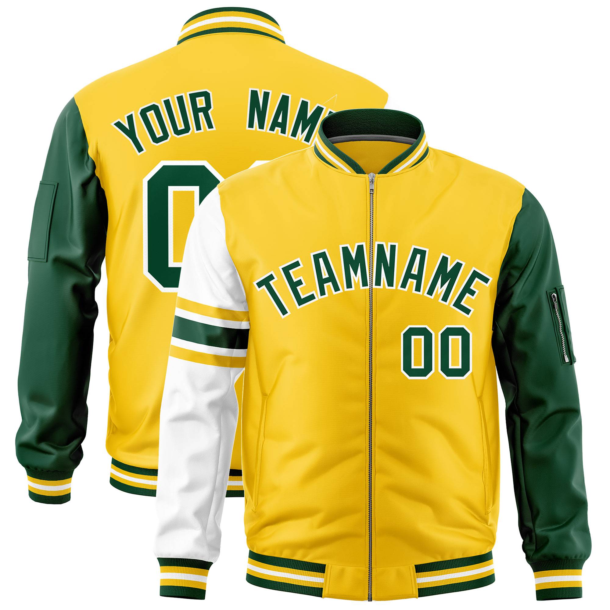 Custom Gold Green-White Varsity Full-Zip Raglan Sleeves Stripe Letterman Bomber Jacket