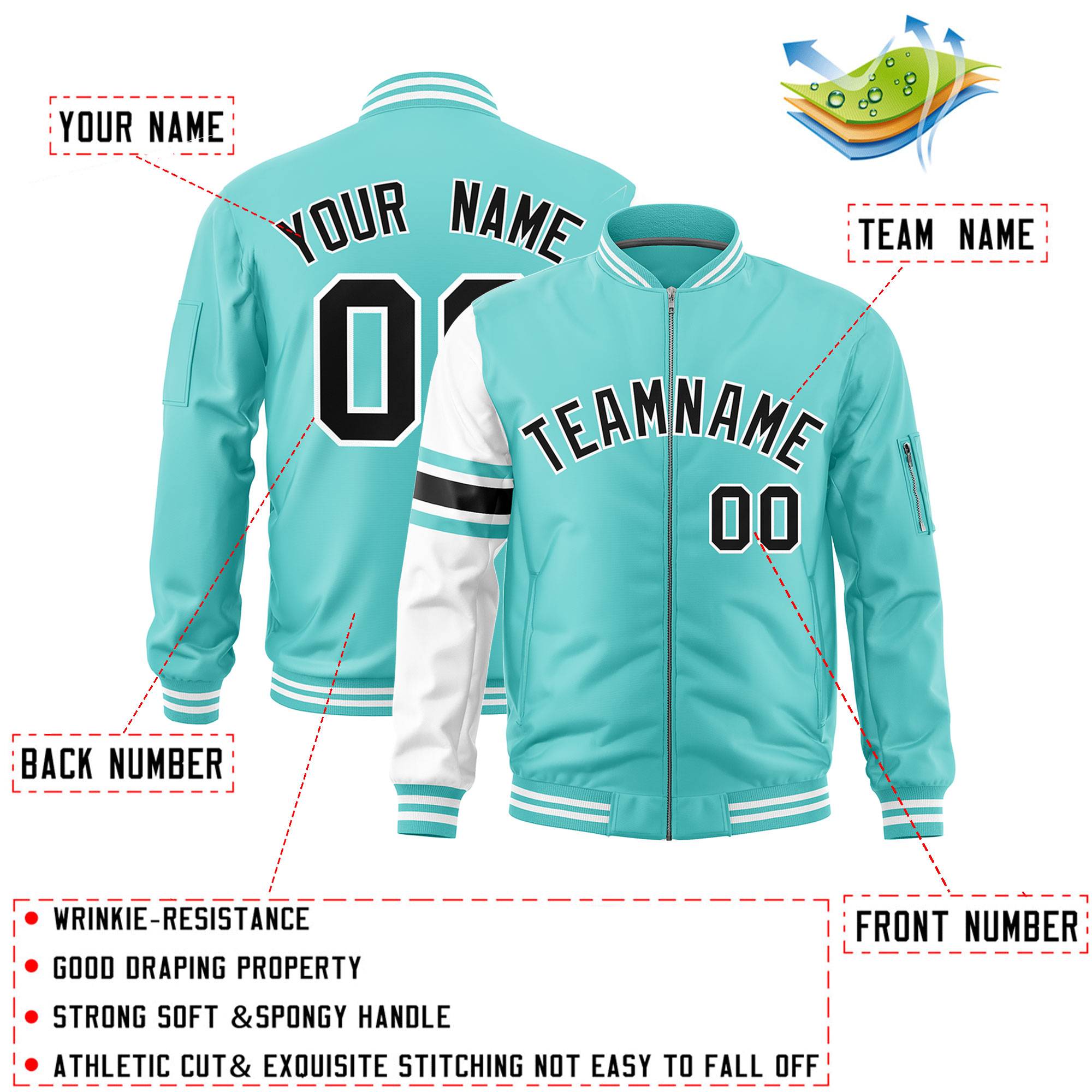 Custom Bright Green White Varsity Full-Zip Raglan Sleeves Stripe Letterman Bomber Jacket