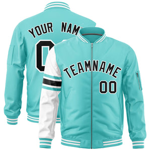 Custom Bright Green White Varsity Full-Zip Raglan Sleeves Stripe Letterman Bomber Jacket