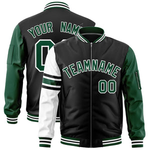 Custom Black Green-White Varsity Full-Zip Raglan Sleeves Stripe Letterman Bomber Jacket