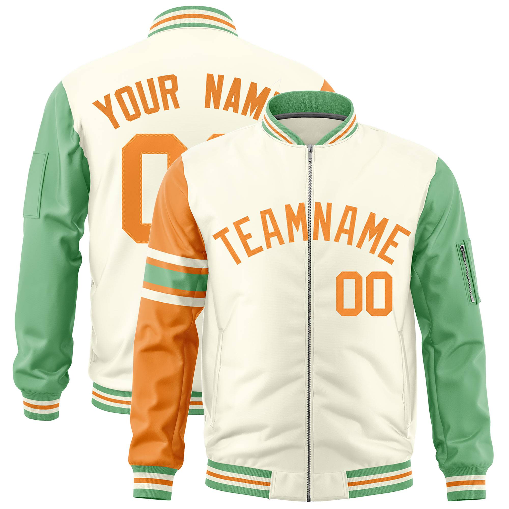 Custom Cream Orange-Green Varsity Full-Zip Raglan Sleeves Stripe Letterman Bomber Jacket