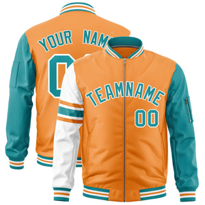 Custom Orange Aqua-White Varsity Full-Zip Raglan Sleeves Stripe Letterman Bomber Jacket