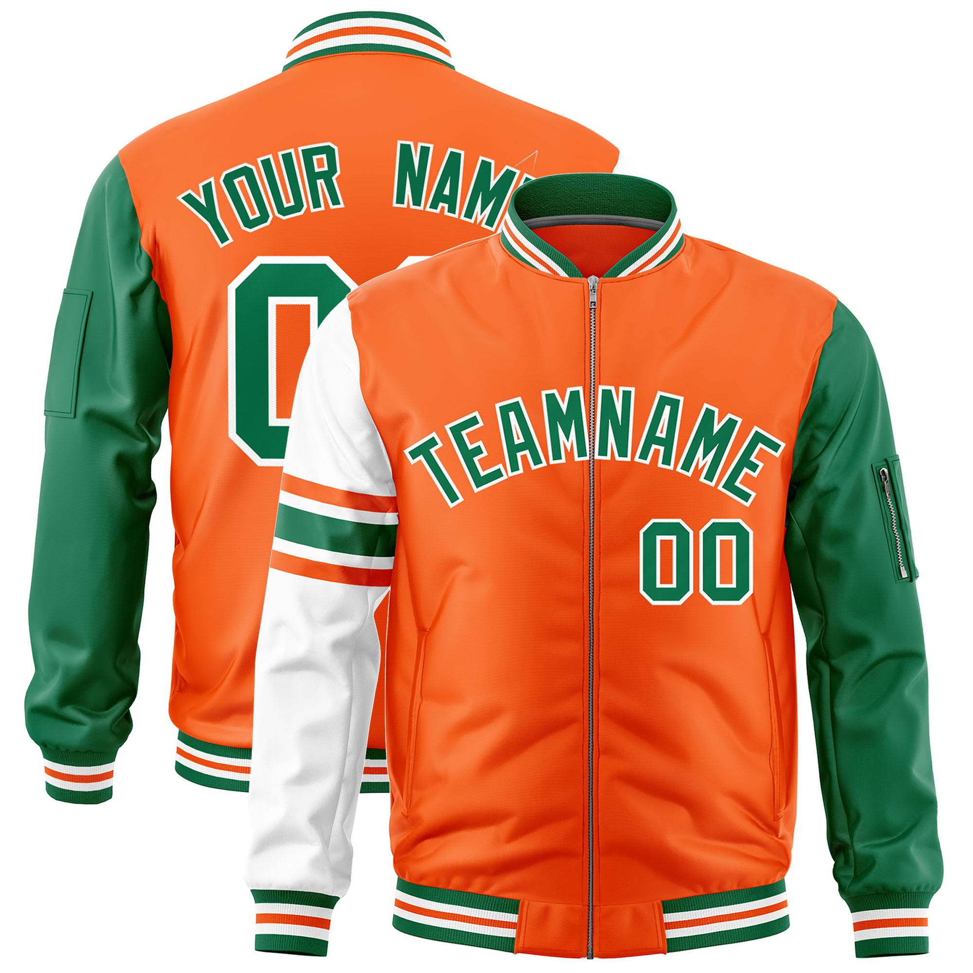 Custom Orange Kelly Green-White Varsity Full-Zip Raglan Sleeves Stripe Letterman Bomber Jacket