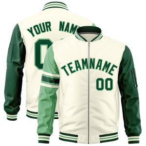 Custom Cream Green-Light Green Varsity Full-Zip Raglan Sleeves Stripe Letterman Bomber Jacket