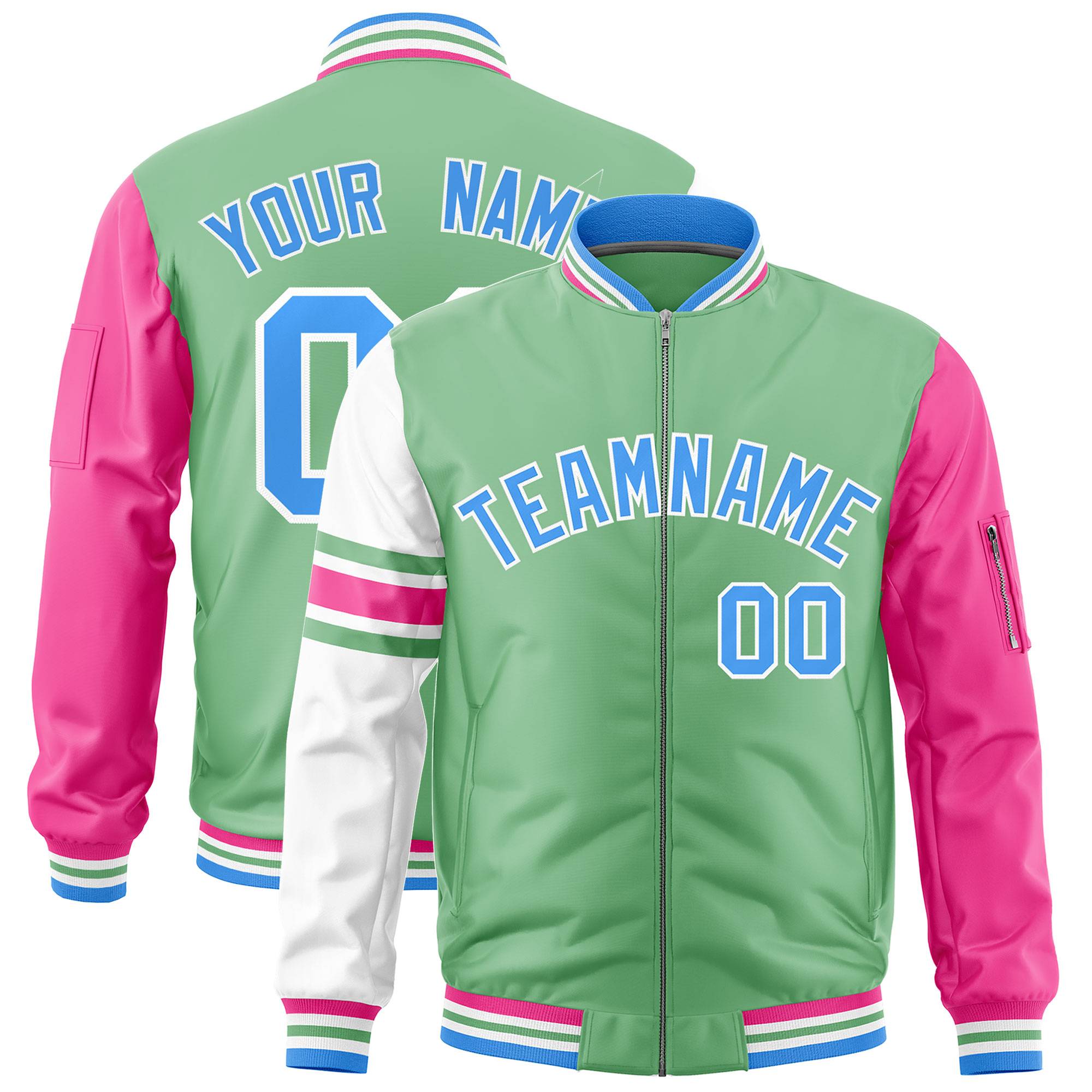 Custom Light Green Pink-White Varsity Full-Zip Raglan Sleeves Stripe Letterman Bomber Jacket