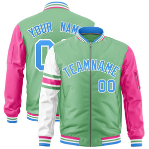 Custom Light Green Pink-White Varsity Full-Zip Raglan Sleeves Stripe Letterman Bomber Jacket