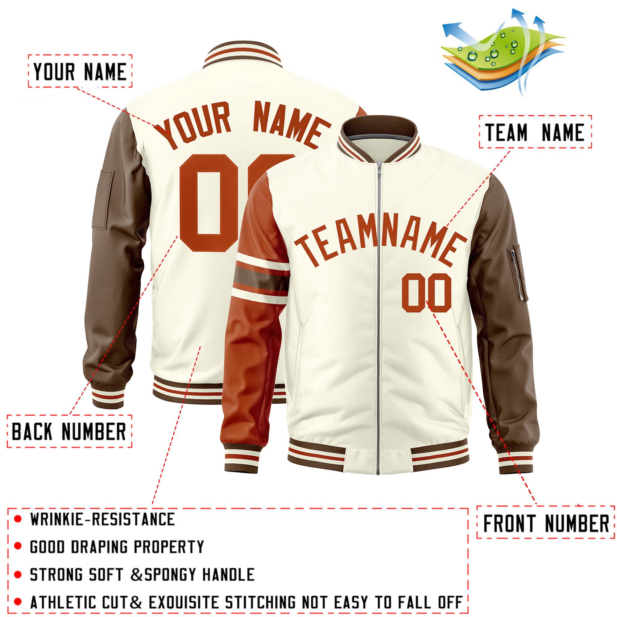 Custom Cream Texas Orange-Light Brown Varsity Full-Zip Raglan Sleeves Stripe Letterman Bomber Jacket