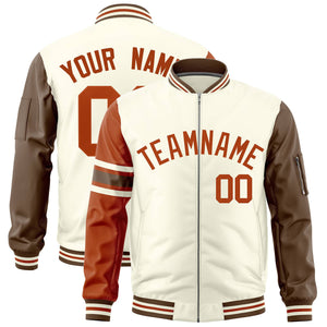 Custom Cream Texas Orange-Light Brown Varsity Full-Zip Raglan Sleeves Stripe Letterman Bomber Jacket